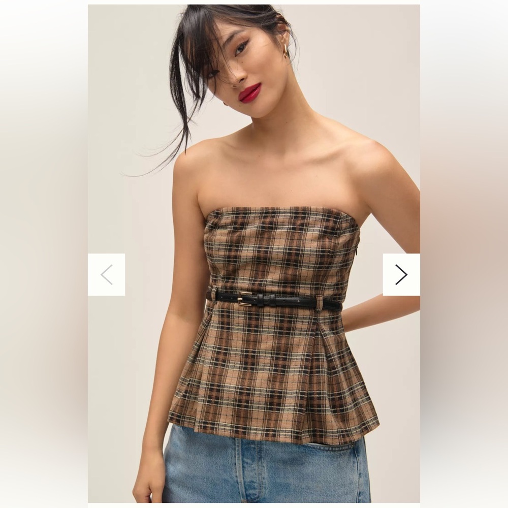 Maeve Belted Strapless Tube Top-Plaid - Picture 2 of 11